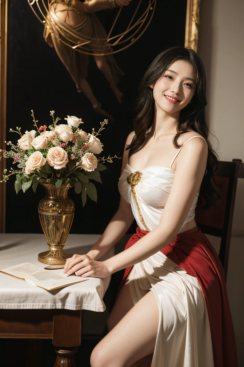 Geometry,stain glass,12 zodiac signs,Vigée Leblanc style,Math、Astronomical utensils,astronault,Roses in a vase,fruits,cute little,A smile,Ancient Greek costumes,Paintings by Sandro Botticelli,Costume with stretched shoulders,huge smile,large full breasts,Ecstasy expression,A sexy,Beautiful bare skin ,Smile of joy,Chiaroscuro of Caravaggio,Cute smile, Expression of ecstasy