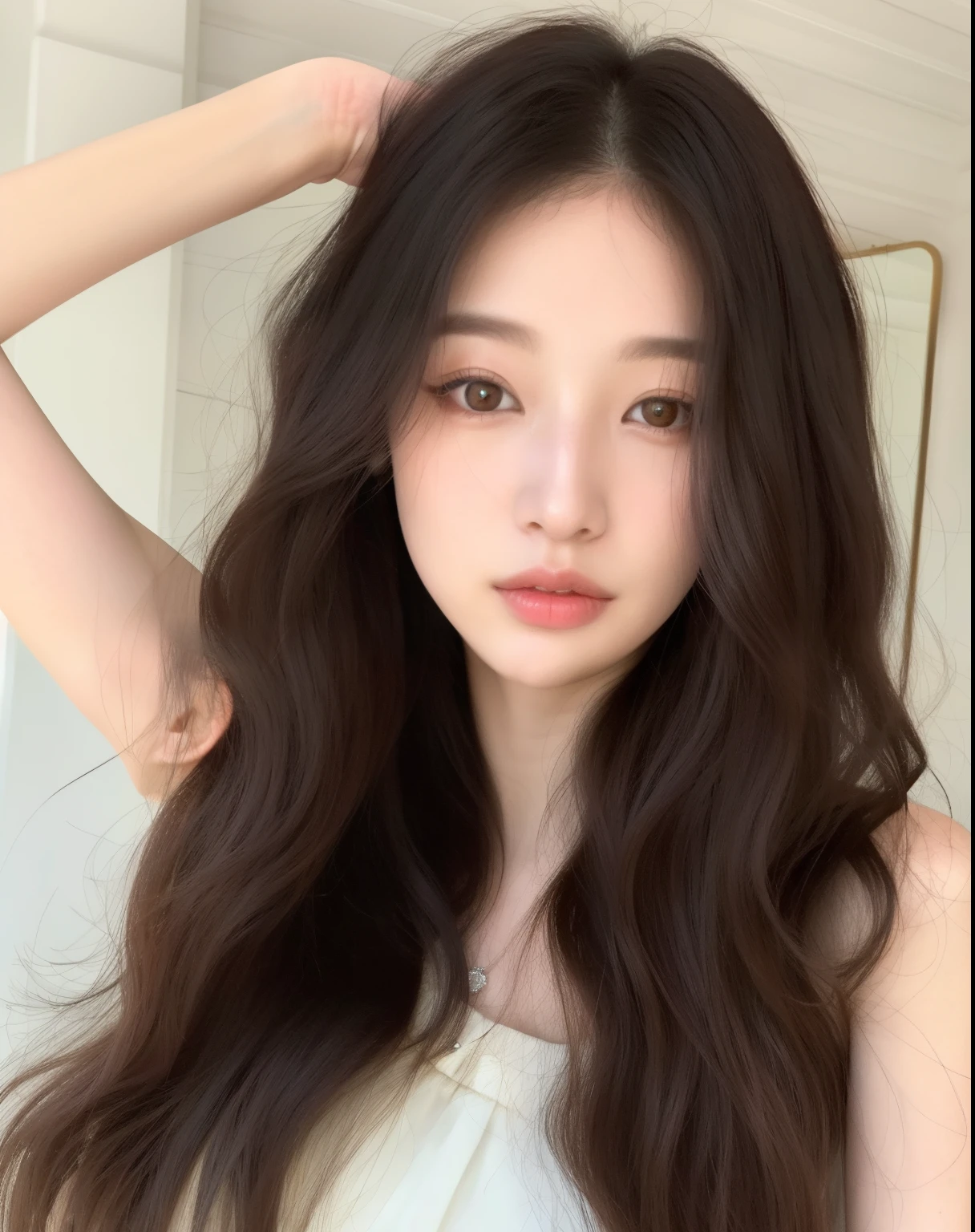 Un primer plano de una mujer con cabello largo con una blusa blanca, ulzzang, Chica coreana, maquillaje coreano popular, Jaeyeon Nam, Hermosa mujer surcoreana, maquillaje popular de Corea del Sur, Asian girl with long hair, Hermosa joven coreana, Hermosa joven coreana, Joven y adorable rostro coreano, con el pelo largo, Rasgos de la cara coreana, Wan adorable cara coreana, Mujer coreana