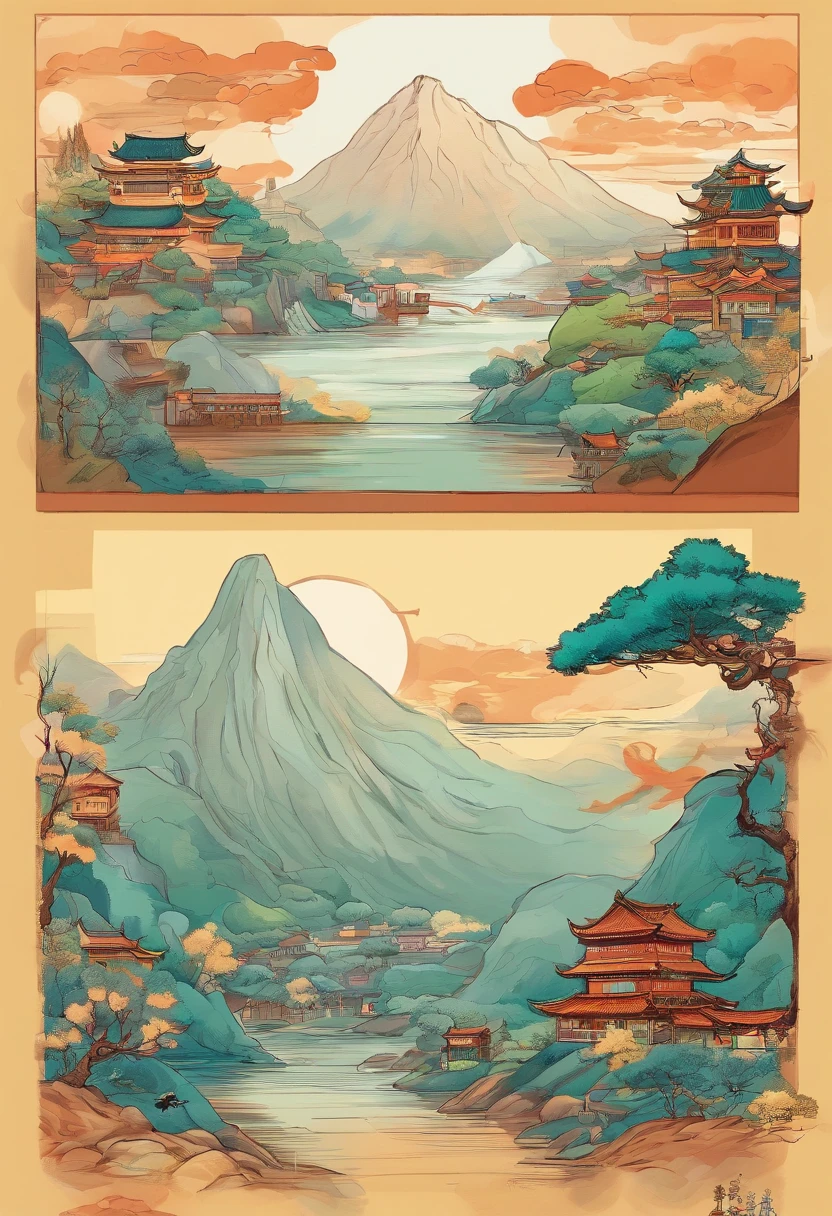 ukiyo-style,lots of waves,1 brown radium bowl,(With pattern),1 tea tree,in the radium bowl,1 tea stick,3 women,Sift the tea leaves,Cut vegetables,Cooking,1 bowl,(Bottom),tee,crane,smog,wooden point,three mountains,1 plaque,2 houses,china style,watercolor paiting,Line,impressionistic