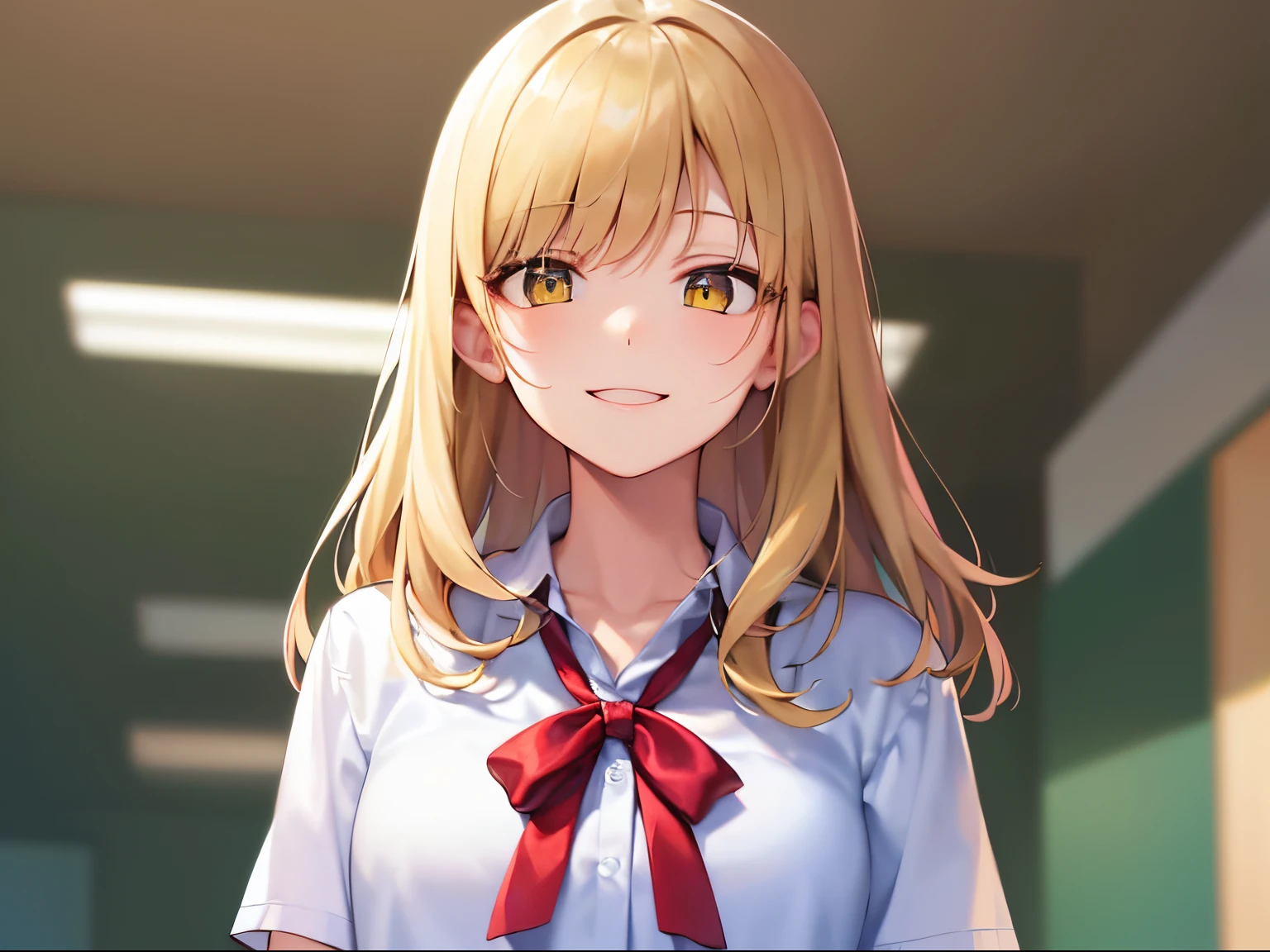 ​masterpiece、hightquality、Background is a school hallway、(Blonde medium hair, yellow  eyes)、An 18-year-old woman、Wearing a high school uniform、Red ribbons、white  shirt、Blue pleated skirt、Close-up of the subject's face、(Alone:1.5)、(Smiling expression:1.1)、(Only the upper body is shown.:1.3)、Bold composition、