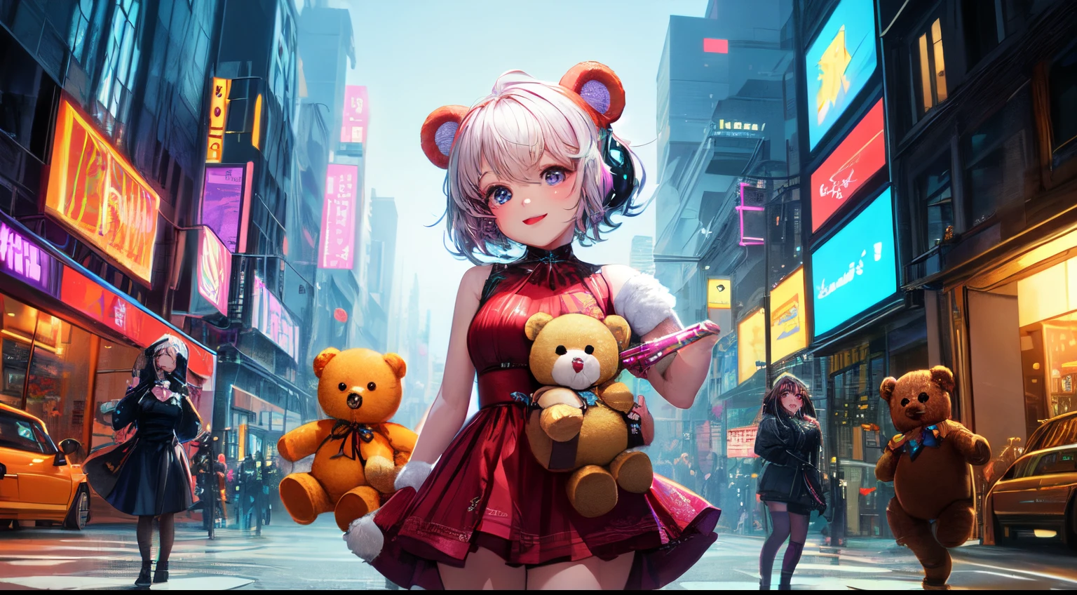 cyber punk style,laser,The city of the future,A group of happy teddy bears,Extremely cute furry artist Teddy Bear baby wearing a dress and having fun,Don't be characterized,Gorgeous dreamy imaginative background,Ultra HD large image,artist style,Rich and professional lighting effects,A group of little teddy bears playing,Perfect facial detail,Don't be characterized