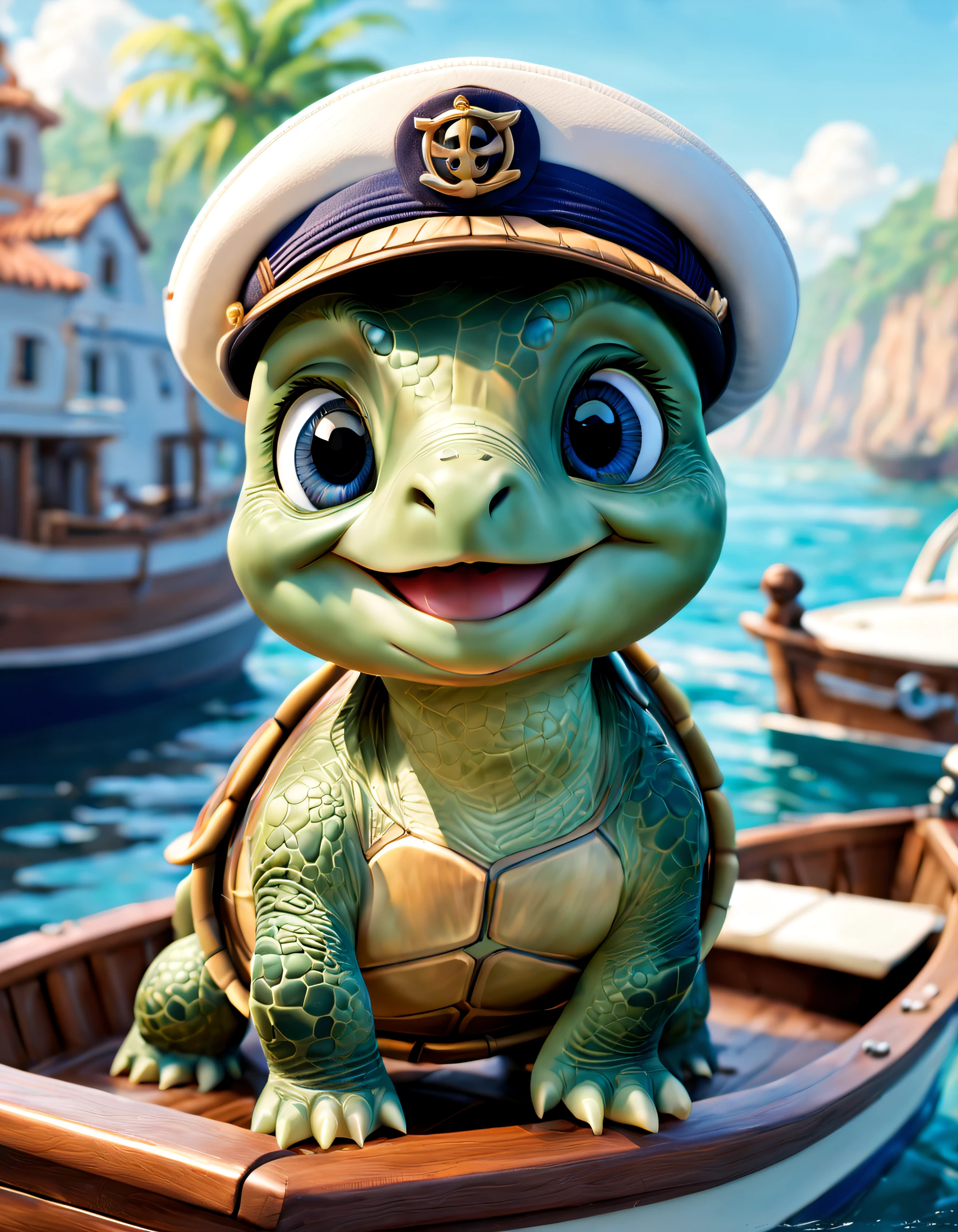 pixar-style, Super cute anthropomorphic turtle smiling baby, (Wearing a sailor costume),Driving a boat , optics , Mare, Gentle background , big bright eyes, ,Wearing a sailor's hat, Happy smile, Delicate and delicate, Fairytale, hyper-high detail, pixar-style, Vibrant colors, Natural soft light, 3 Rendering, gorgeous one, ultra-wide-angle, 8K, HD realistic,