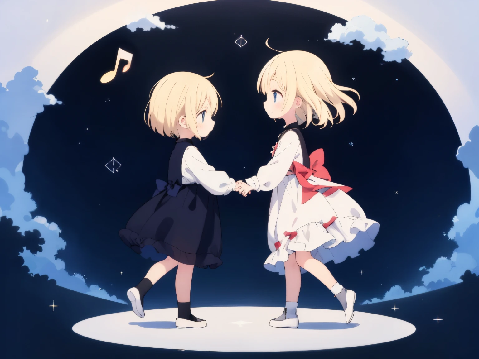 Best Quality, ultra-detailliert, musical notes dance in the sky, 2 children, Gamine２In person, platinum-blonde-hair,  Floating hair, 
A child is standing on the note in the center。。, arcane, holography, from the front side, floating,  prisma