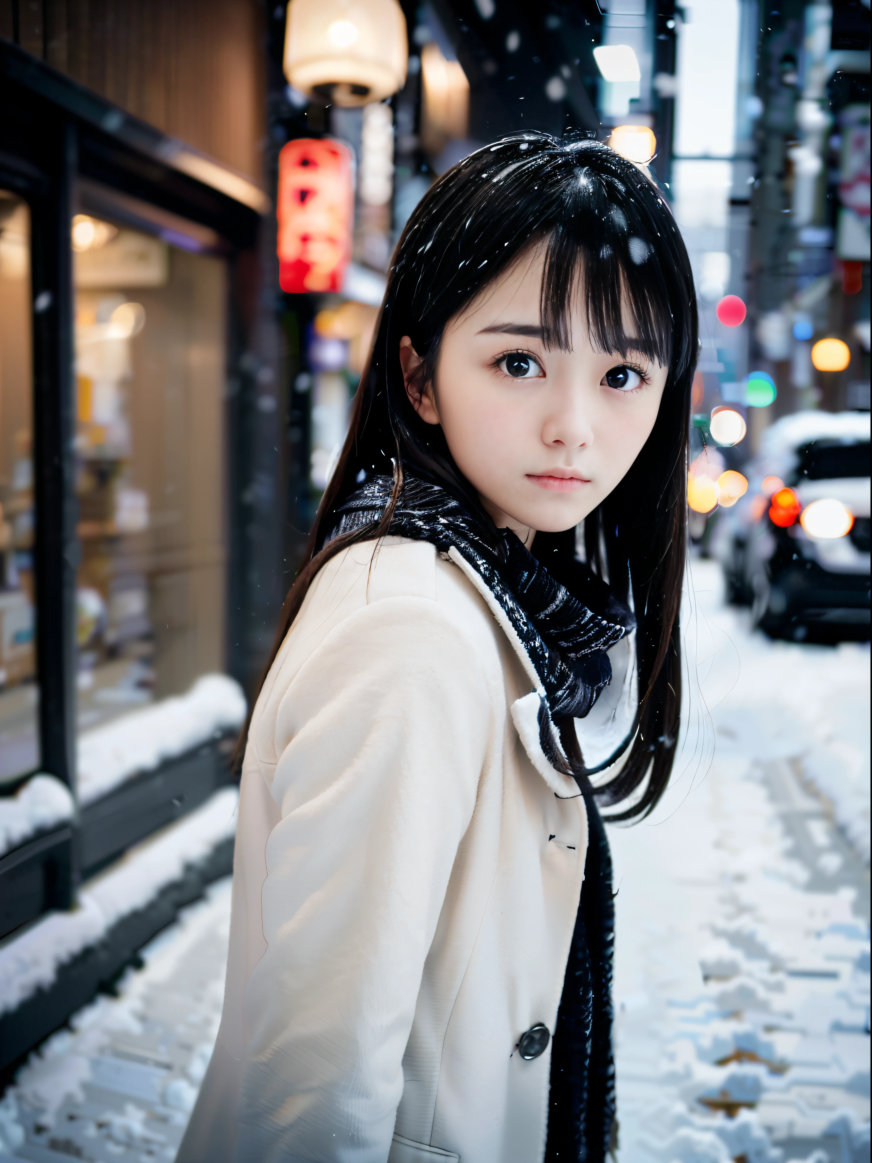 (Close-up portrait of one slender small breasts very long black hair with dull bangs girl in winter white coat and scarf:1.5)、(A girl turn around on the street in Japan at heavy snow night with sad face:1.5)、( Blurry background,:1.5)、(Perfect Anatomy:1.3)、(No mask:1.3)、(complete fingers:1.3)、Photorealistic、Photography、masutepiece、top-quality、High resolution, delicate and pretty、face perfect、Beautiful detailed eyes、Fair skin、Real Human Skin、((thin legs))、(Dark hair)