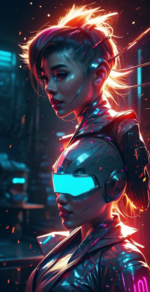 a glowing head made of glass and a glowing body made of glass, beautiful face, detail face, full body, long legs, nice smile, good arms and hands, looking at camera, pink neon glow, amazing particles pulling out of the glass head and body, like droplets of glass floating, 8k highly detailed digital art, intricate artwork, octane render, mind-bending digital art, breathtaking digital art, 3d digital art, 8k hd wallpaper, volumetric lighting, highly reflective glass particles