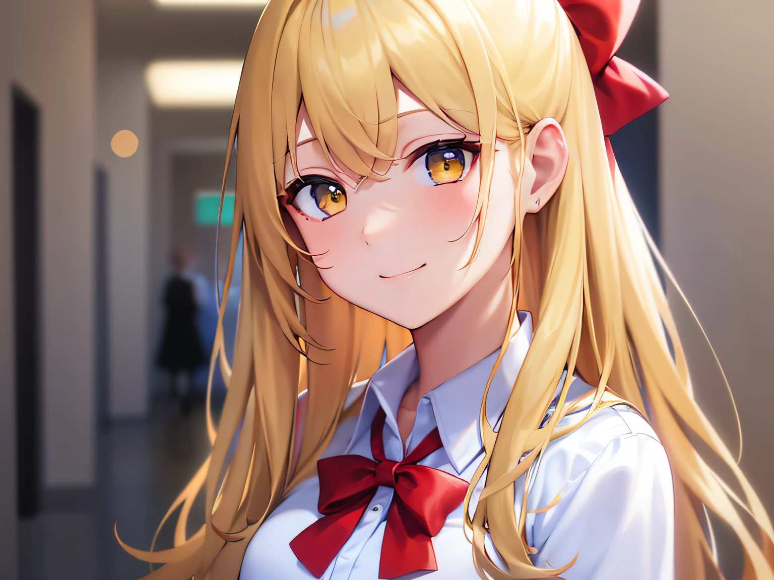 ​masterpiece、hightquality、Background is a school hallway、(Blonde medium hair, yellow  eyes)、the hair flutters with the wind、An 18-year-old woman、Wearing a high school uniform、Red ribbons、white  shirt、Blue pleated skirt、Close-up of the subject's face、(Alone:1.5)、(Smiling expression:1.1)、(Only the upper body is shown.:1.3)、Bold composition、