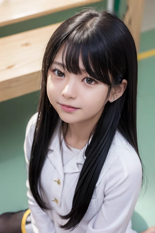 from above,(wariza:2),Sad face,look up,hold out right hand,Elementary school girl with long black hair
