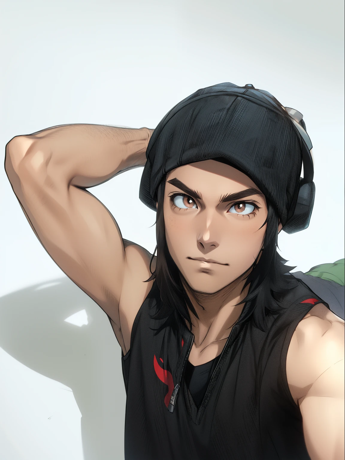Adult male, centered, short brown hair, brown eyes, (detailed face), (detailed eyes) red t-shirt, black pants, pokemon trainer, full body, anime style, thin, white background