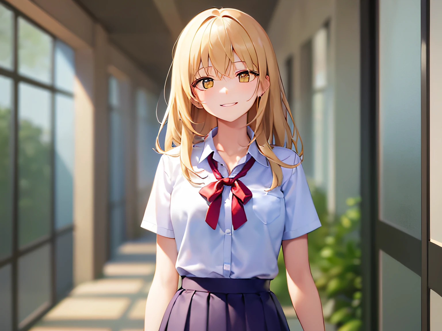 masterpiece、hightquality、Background is a school hallway、(Blonde medium hair, yellow eyes)、the hair flutters with the wind、An 18-year-old woman、Wearing a high school uniform、Red ribbons、white shirt、Blue pleated skirt、Close-up of the subject's face、(Alone:1.5)、(Smiling expression:1.1)、(Only the upper body is shown.:1.3)、Bold composition、