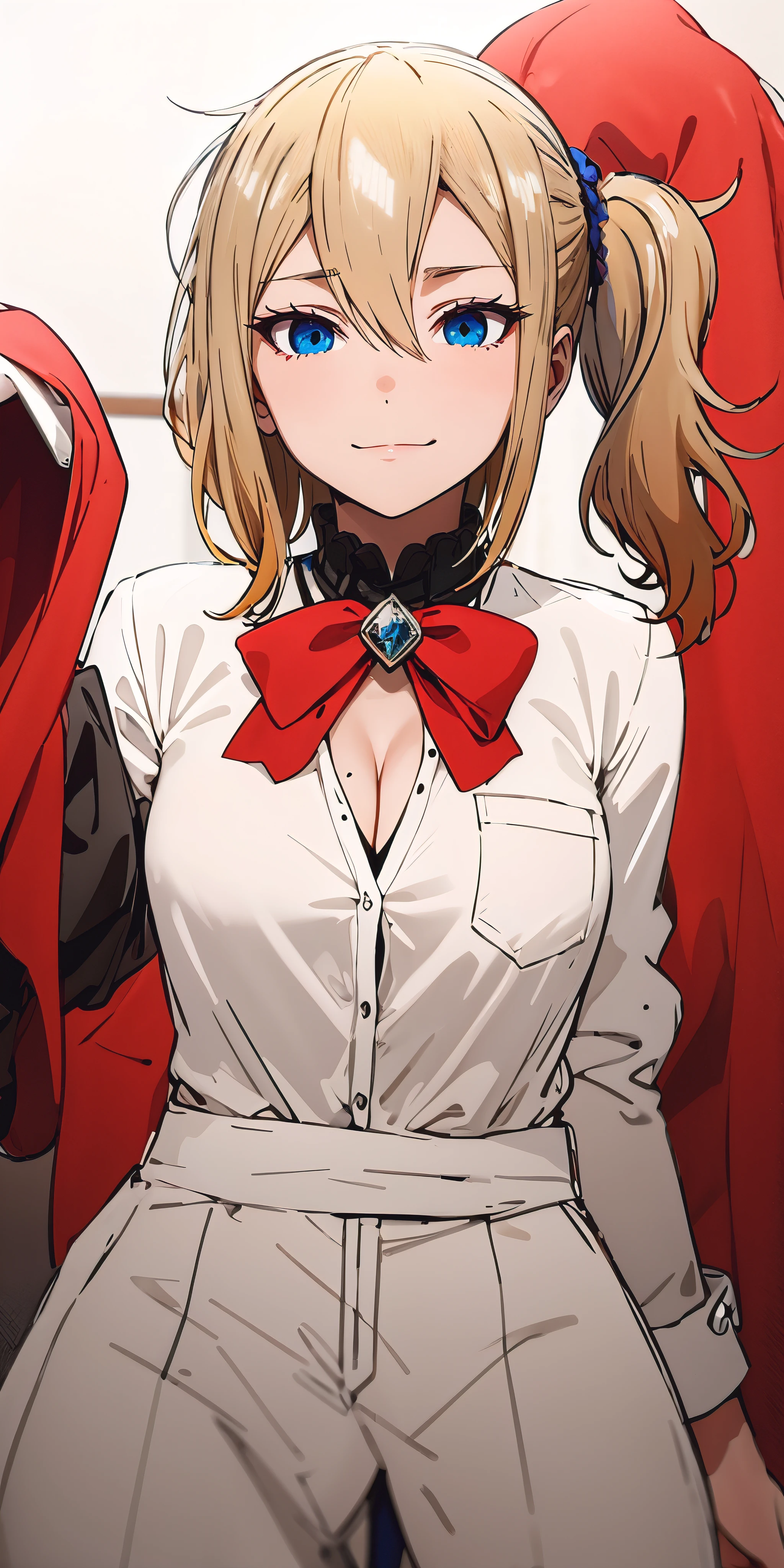 anatomically correct, best quality, masterpiece, high quality, high details, highres, HD, (shaded face:1.2), hollow eyes, blue eyes, looking at viewer, heavy breathing, smirk, upper teeth, aihayasakav4, blonde hair, side ponytail, scrunchie, huge breasts, blush, looking_at_viewer, smile, large_breasts, long_sleeves, solo, grin, tan, skirt, cleavage, hair_ornament, mole,