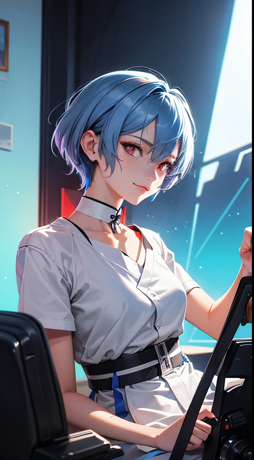 Evangelion Cockpit,Masterpiece portrait of a smiling Rei Ayanami (Evangelion), Evangelion (Hideaki), Caustics, High resolution illustration,14years, Red Eyes, Feminine, no pupils, Blue hair,  Short hair, Very small breasts,Japan school uniform, lowfers, swpunk, Synth Wave, Paint splatters, shaded flat illustration, Digital Art, Trending on ArtStation, Highly detailed, Fine detail, Convoluted, Splatter, Outrun, Vaporware, neon color