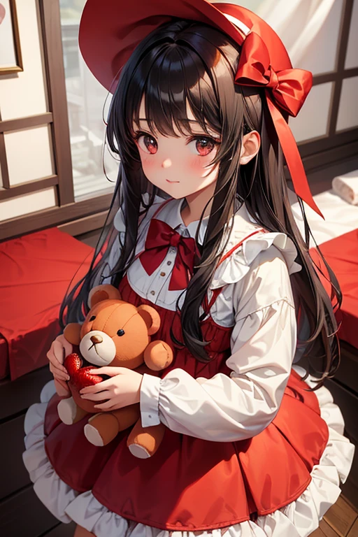 beautiful little girl with red dress and white lilly hair carrying teddy bear, 1girl, solo, red bow, white background, stuffed toy, strawberry, fruit, simple background, bow, long hair, stuffed animal, looking at viewer, long sleeves, food, teddy bear, holding, hat, bangs, dress with lots of bow