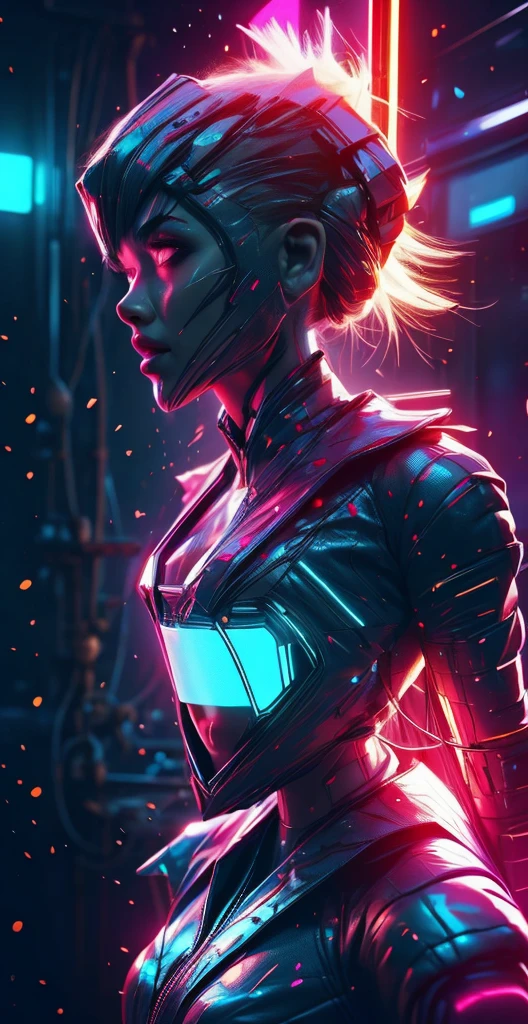 a glowing head made of glass and a glowing body made of glass, beautiful face, detail face, full body, long legs, nice smile, good arms and hands, looking at camera, pink neon glow, amazing particles pulling out of the glass head and body, like droplets of glass floating, 8k highly detailed digital art, intricate artwork, octane render, mind-bending digital art, breathtaking digital art, 3d digital art, 8k hd wallpaper, volumetric lighting, highly reflective glass particles