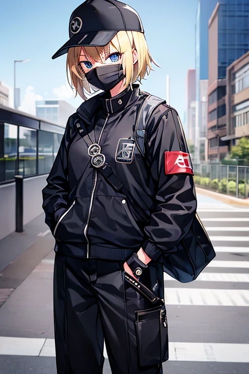 1girl, blonde hair, short hair, gakuran, black jacket, black clothes, hat, surgical mask, mouth mask, blue eyes, baseball cap, hat, black pants, pants, white trim, sword, covered mouth