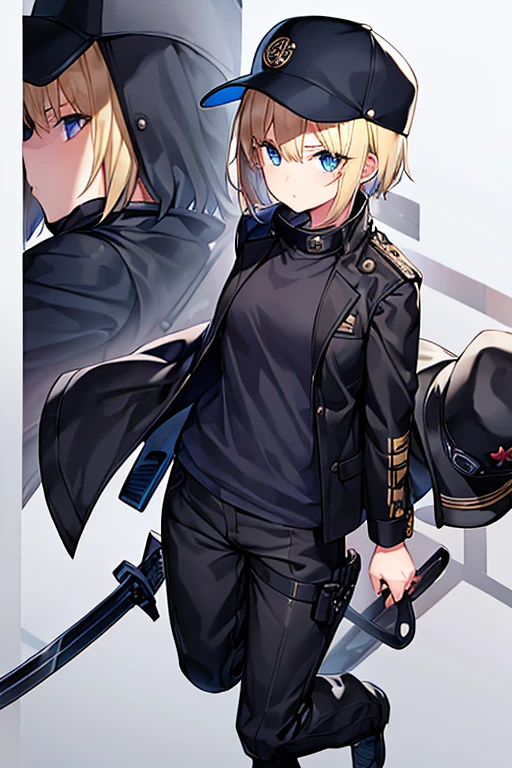 1girl, blonde hair, short hair, gakuran, black jacket, black clothes, hat, surgical mask, mouth mask, blue eyes, baseball cap, hat, black pants, pants, white trim, sword, covered mouth