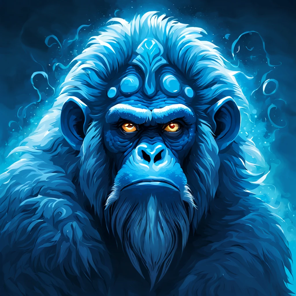 Uakari with a vivid blue face and light blue fur staring intently with glowing white eyes, Neptune, background mist and shadow all in shades of blue, masterpiece, best quality, in dark comic art style