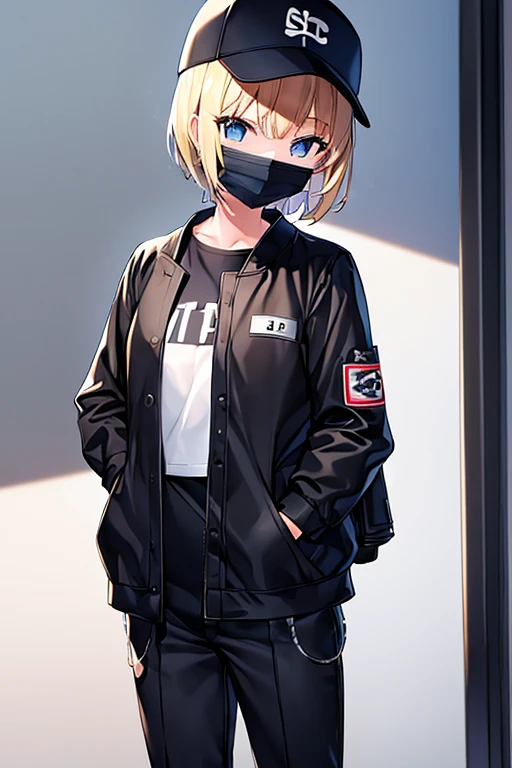 1girl, blonde hair, short hair, gakuran, black clothes, hat, surgical mask, mouth mask, blue eyes, baseball cap, hat, black pants, pants, white trim, covered mouth