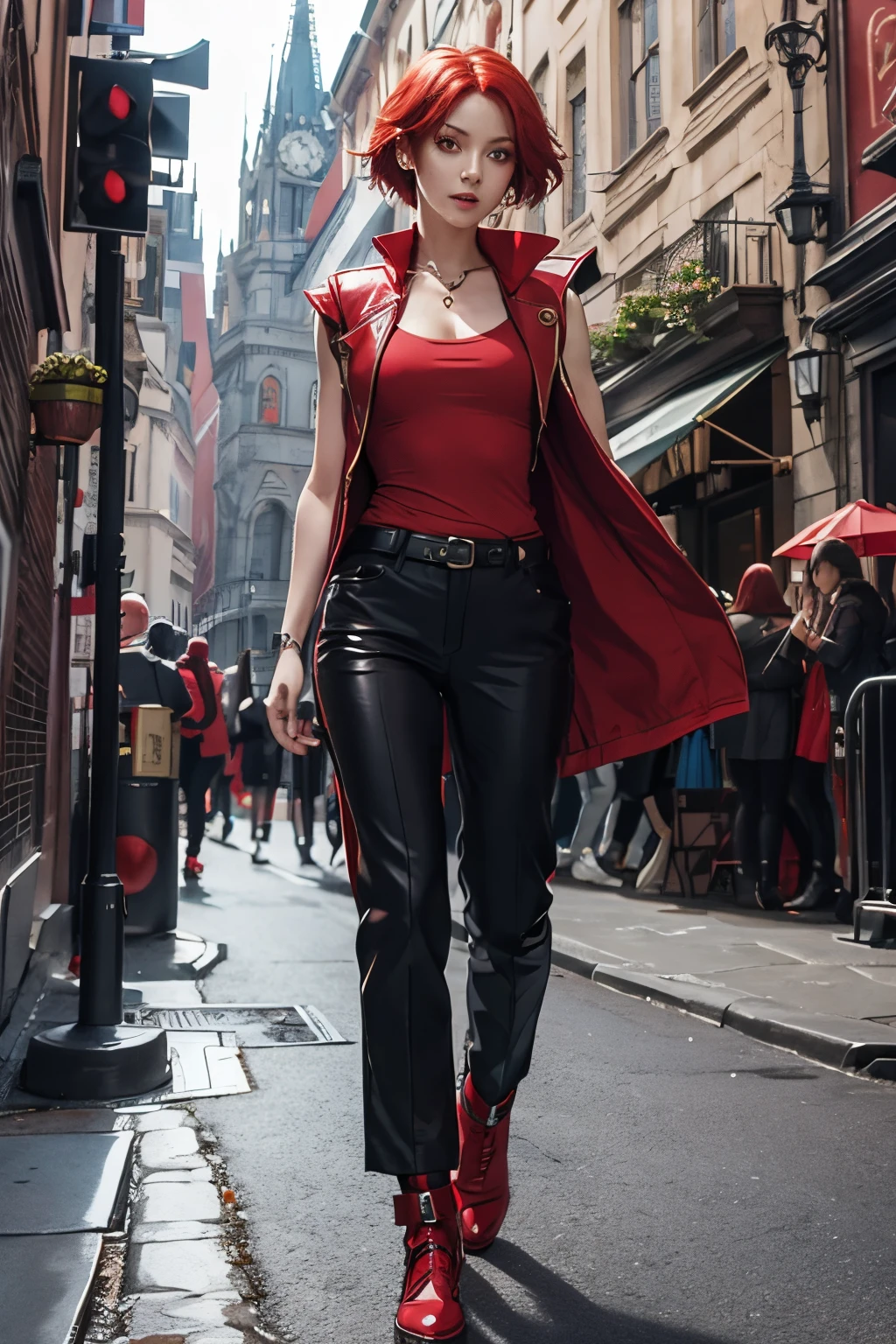 Female sorceress,red hair,short hair,red eye,red shirt,red sleeveless coat,black trousers,fantasy costume