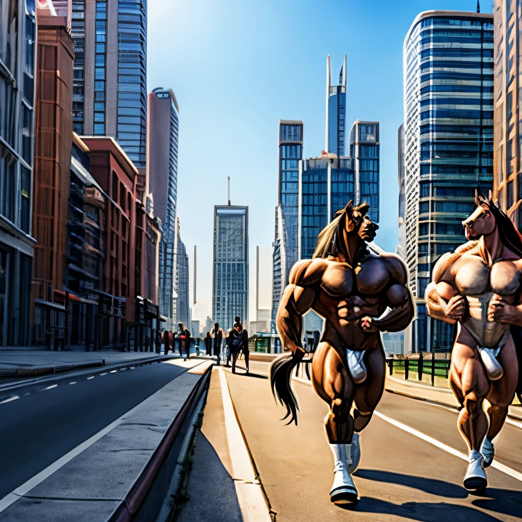 NSFW, Anthropomorphic Horse, Huge muscles, Massive Muscles, Nude, horse penis, Long horse penis, huge horse penis, city, cityscape, Several Anthropomorphic Horses jogging in the nude