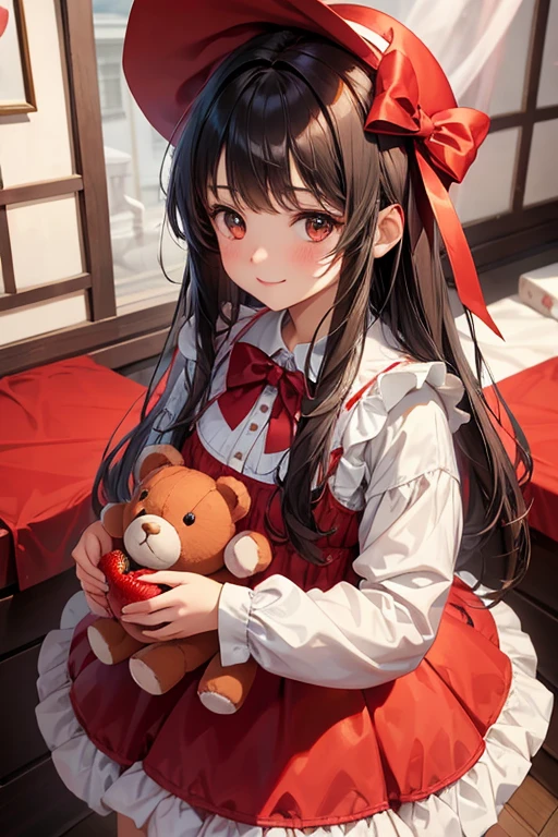 Beautiful girl in a red dress and white lily hair carrying a teddy bear, 1girl in, Solo, Red bow, White background, stuffed toy, strawberries, fruit, Simple background, Bow, Long hair, stuffed animal, Looking at Viewer, Long sleeves, food, Teddy Bear, Holding, hat, Bangs, dress with many ribbons, Background removal, smiling girl