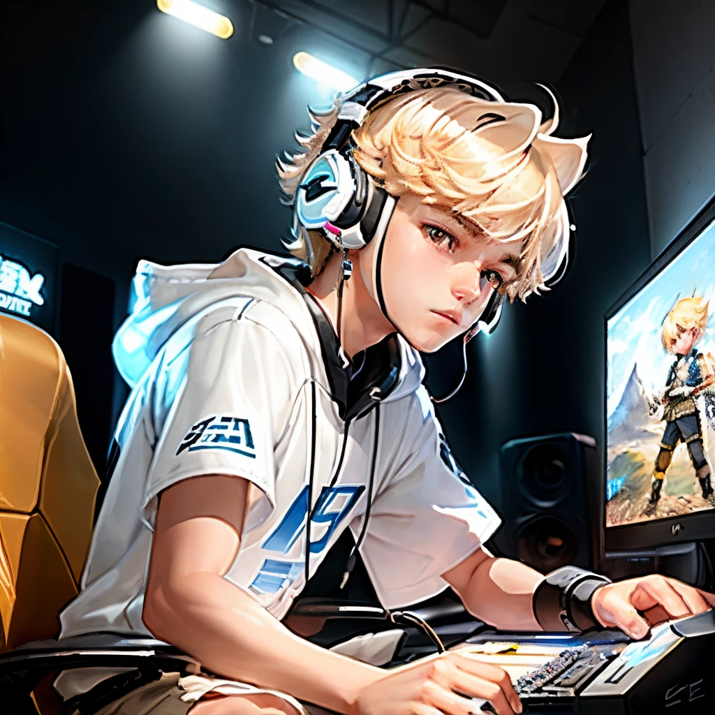 A boy is playing using a white headset in a gamer setting、Create art in illustration style。The characteristics of the boy、Being Asian and looking like a 16 year old.。, White, Has brown eyes, wearing diamond stone earrings, Has blond hair, Straight hair with bangs hanging down on the forehead。