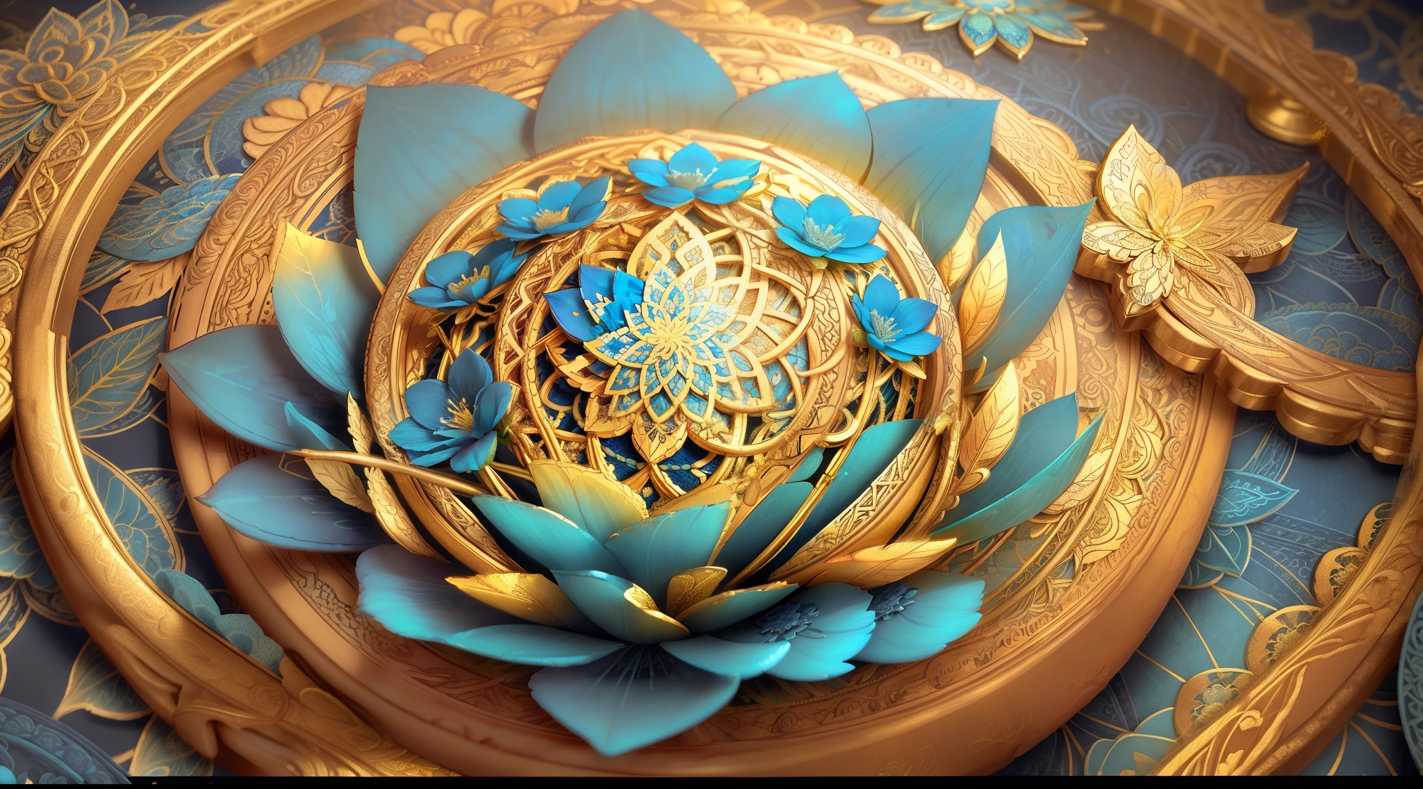 Close up of blue and gold flowers with leaves, ultra intricate, 4k highly detailed digital art, Beautiful art UHD 4 K, 4K detailed digital art, Complex colors, Intricate pattern 4K, 4K HD wallpapers very detailed, amazing detail digital art, 8K high quality detailed art, highly intricate and colorful, colorful hd picure