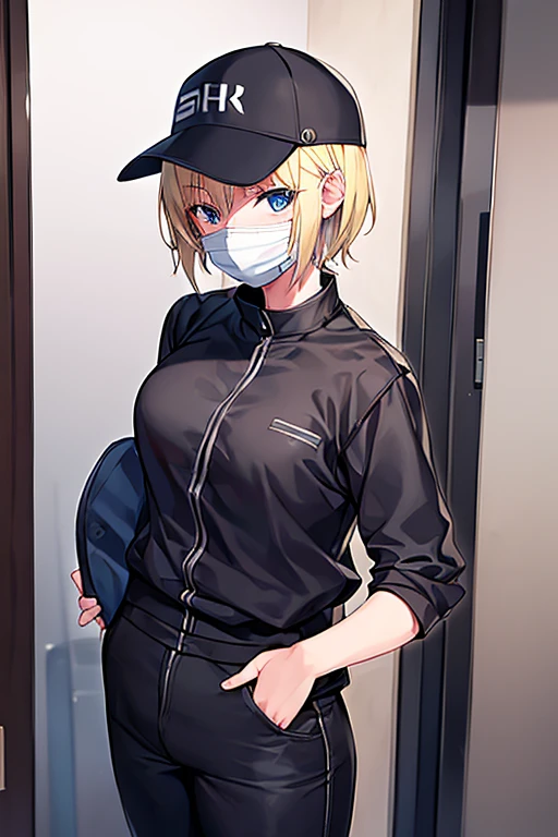 1girl, blonde hair, short hair, gakuran, black clothes, hat, surgical mask, mouth mask, blue eyes, baseball cap, hat, black pants, pants, white trim, covered mouth, adult, woman