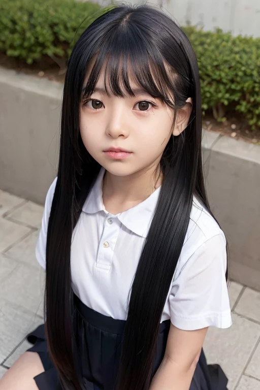 from above,(wariza:2),Sad face,look up,hold out your right hand,Elementary school girl with long black hair
