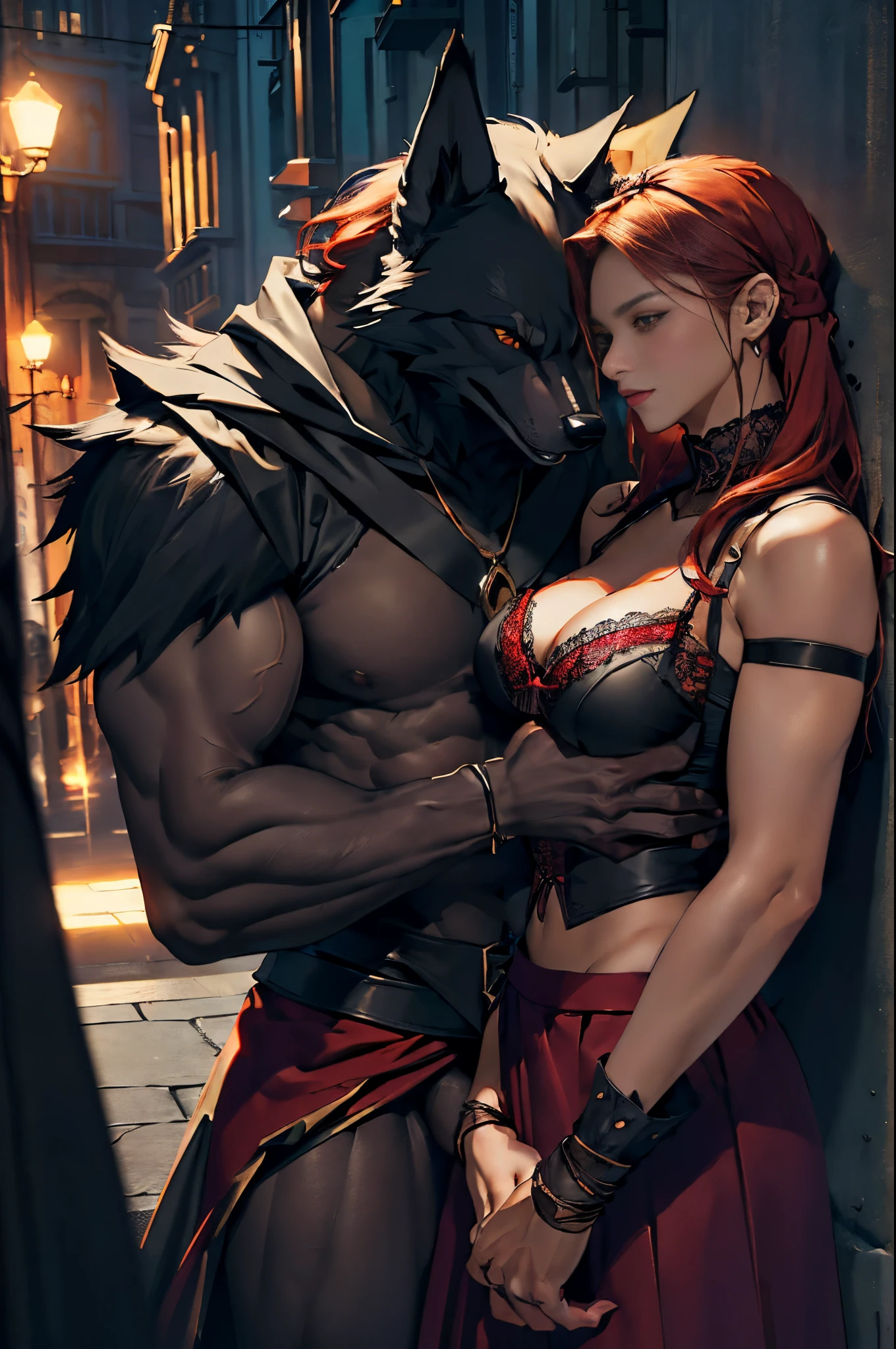 Depicts a powerful werewolf hugging a blonde girl，(((black humanoid wolf)))，(((Black furry humanoid wolf)))，(((beautiful sexy girl)))，(((Girls wear：red head band, cloaks, Large bra, a skirt, red long skirt，laced dress)))，((Sexual suggestiveness))，Correct anatomy，Detailed faces, 詳細な目，(((the right proportions)))，The city at night，The lights came on，romantic love story，Warm pictures，warm color palette，photorealestic，Ultra photo realsisim，