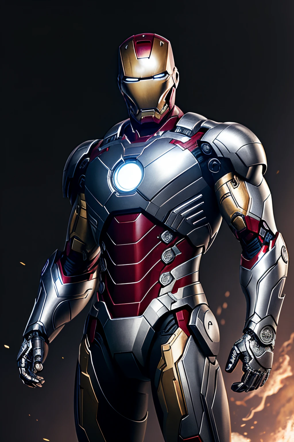 (8k, RAW photo, best quality, masterpiece: 1.2), ultra detailed, authorial art, photo-realistic: 1.37, upper body shot, ((uniform exclusively black and silver: 1.2)), model, marvel iron man, film grain, action pose, a perfect face, 40 years, intricate details, diffused light, by Marvel