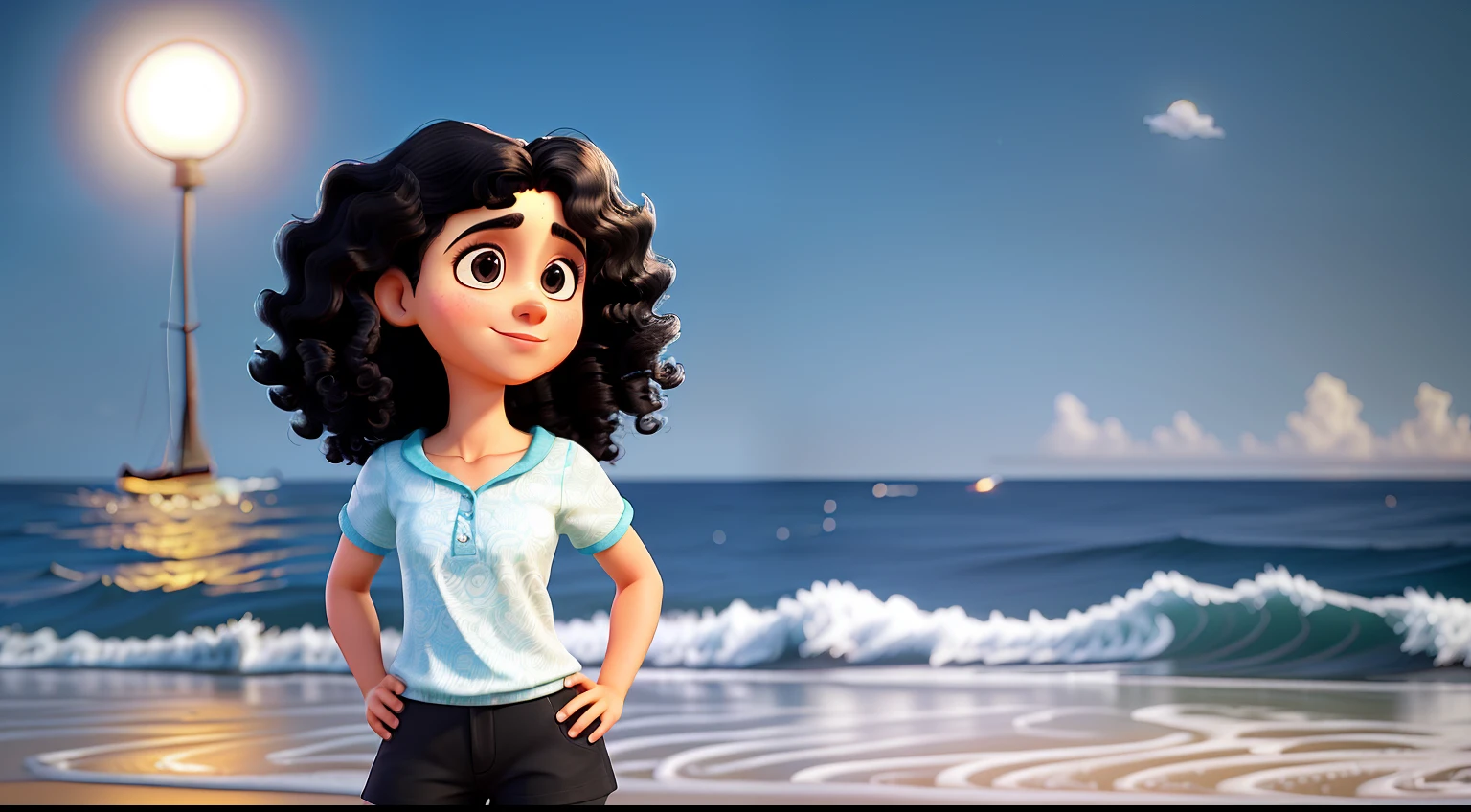 Mulher de 25 anos, Branca, shoulder-length curly black hair, olhos castanhos, ambiente final de tarde olhando o mar. imagem; cinematografic, luz suave, retroiluminado, micro detalhes, renderizado, fotorrealista, cinemactic , 85 mm 1,4