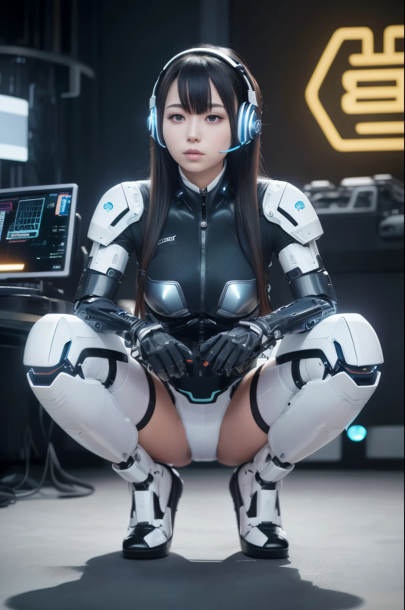 arafed woman in a futuristic suit kneeling down with headphones on, perfect android girl, oppai cyberpunk, cyber suit, cute cyborg girl, cybersuits, cybersuit, cyber school girl, beutiful girl cyborg, cyborg girl, beutiful white girl cyborg, girl in mecha cyber armor, biomechanical oppai, cyborg - girl, robot girl,full eyes