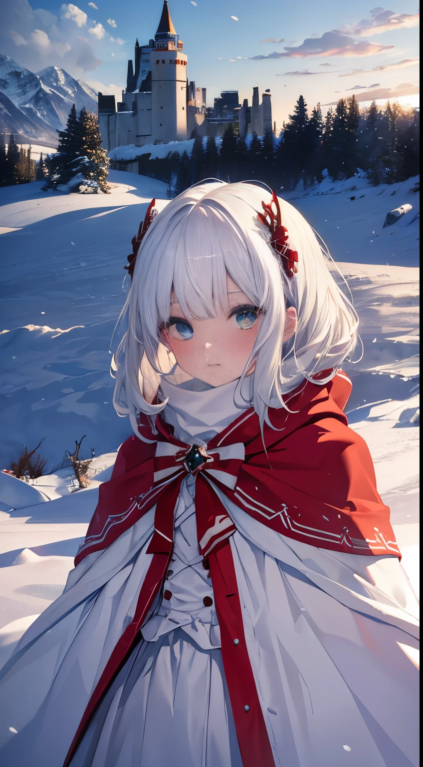 (8K, RAW photos, realistically:1.4)， A high resolution, 1 Women, Alone,。.。.。.。.。.，sitted,(Lolita costume)，Wear a flowing skirt， pretty eyes, White hair, eye socket, (sitted，Red cape，blanketed in a mantle of snow，Blizzarding:1.3)，Ski slopes，Outside the castle，Correct anatomy，