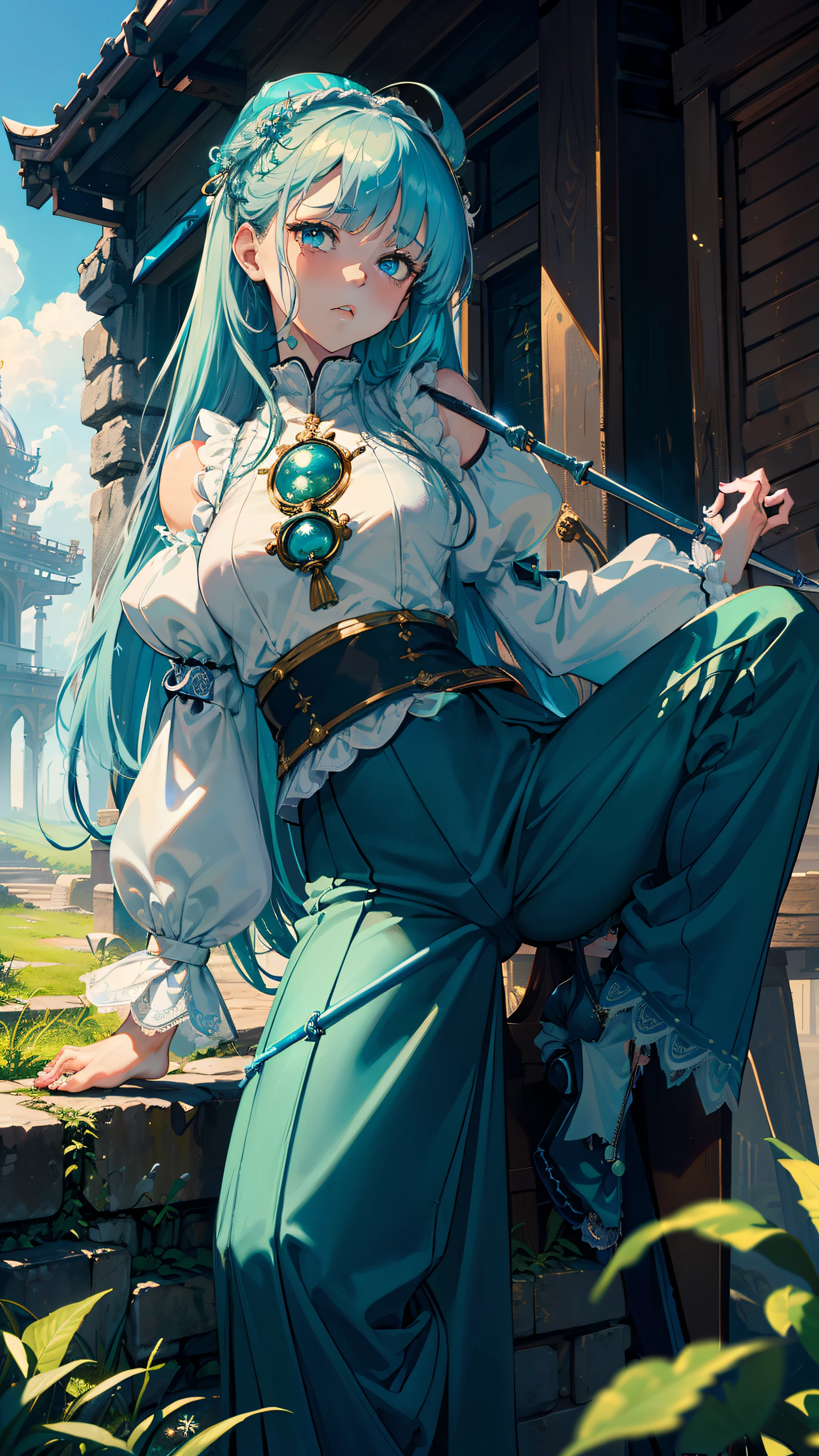 masterpiece, ultra detailed, 8k portrait, RAW photo, portrait photography, Highly detailed face, beautiful and meticulous eyes, ((Fantasy)), Young beautiful, (((Female priest))), (((((spread legs standing))))), (light blue long thin hair)), ahoge, (((asymmetrical bangs))), Gentle face, White skin, (((green and blue puffy sleeve lace shrine maiden outfit))) Fluttering in the wind, (((lowleg wide pants))), Leather boots, ((((equip a magic wand)))), Midday Sun, Hyper realistic, Body model, Small breasts, Beautiful breasts, Long legs, in the medieval adventurer's guild, Ambient lighting, Shadow details, Camera focus on face, strong breeze, Light fog