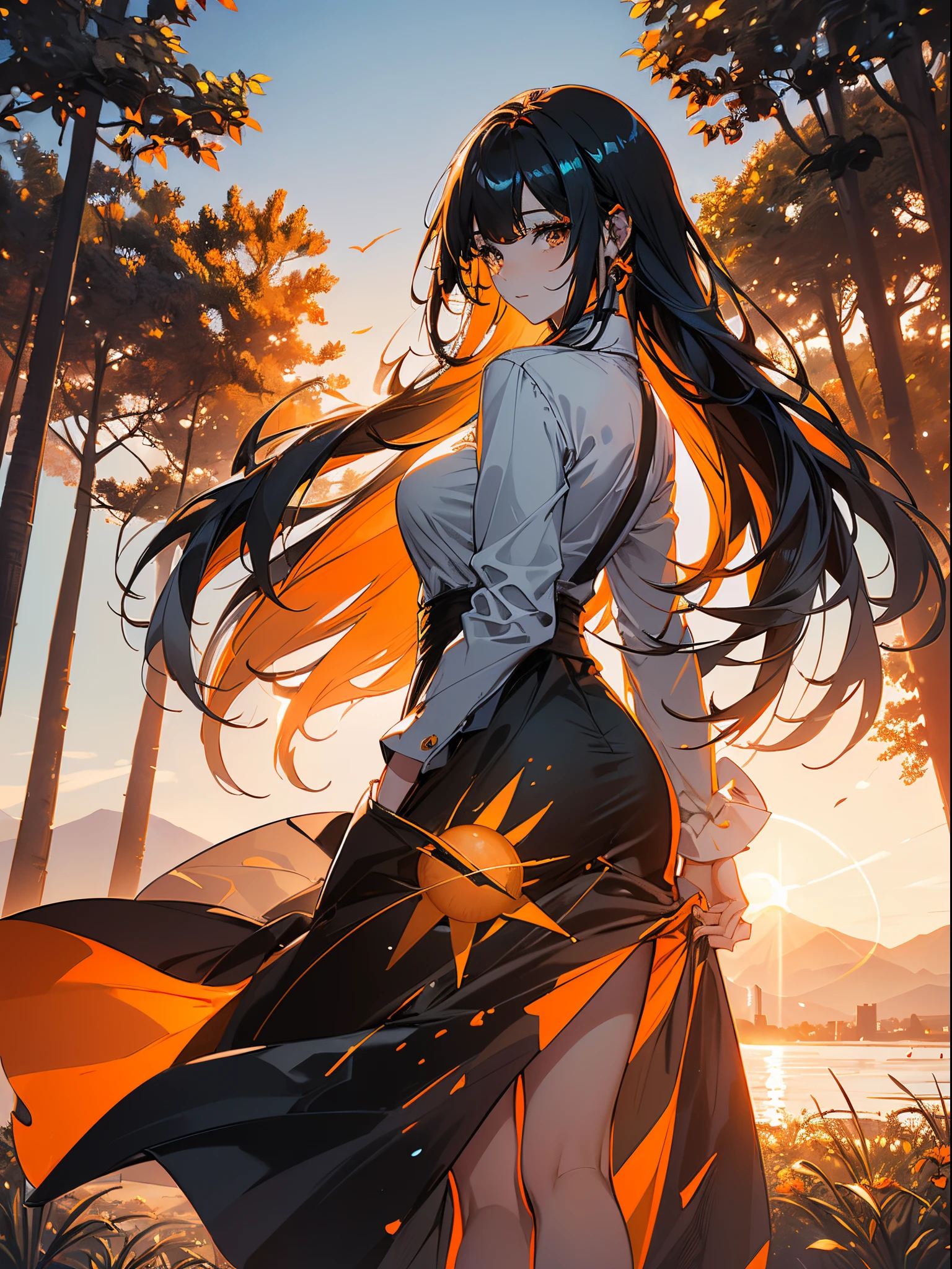 A woman enjoying the view of the horizon and sunset, long hair in the wind, with her back to the viewer, white shirt, short shorts, thick legs, big ass, full body, (((Horizon with the orange sun between mountains and lots of trees))) amazing landscape, perfect photography, {extremely detailed 16k CG unit wallpaper}, expansive landscape photography, (a centralized view with focus on the character and the setting), (wide open field view), (low angle photo), (high light: 1.4), (low light: 1.2), (warm light source: 1.7), complex details, (iridescent colors: 1.5), (bright lighting), (atmospheric lighting), Dreamer, unique,