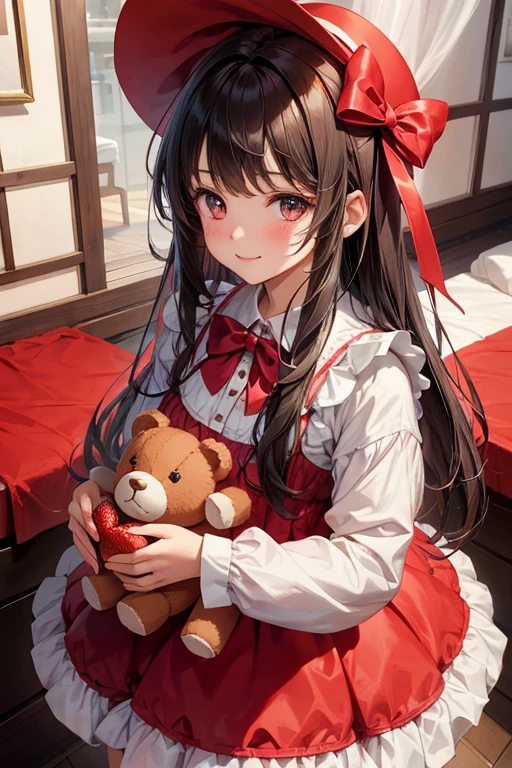 A beautiful girl in a pink dress and white lily hair is holding a teddy bear, 1girl in, Solo, Red bow, Background Simple, stuffed toy, Strawberries, fruit, Simple background, Bow, Long hair, stuffed animal, Looking at Viewer, Long sleeves, food, Teddy Bear, Holding, hat, Bangs, dress with many ribbons, Background removal, smiling girl, pink dress, Standing Girl