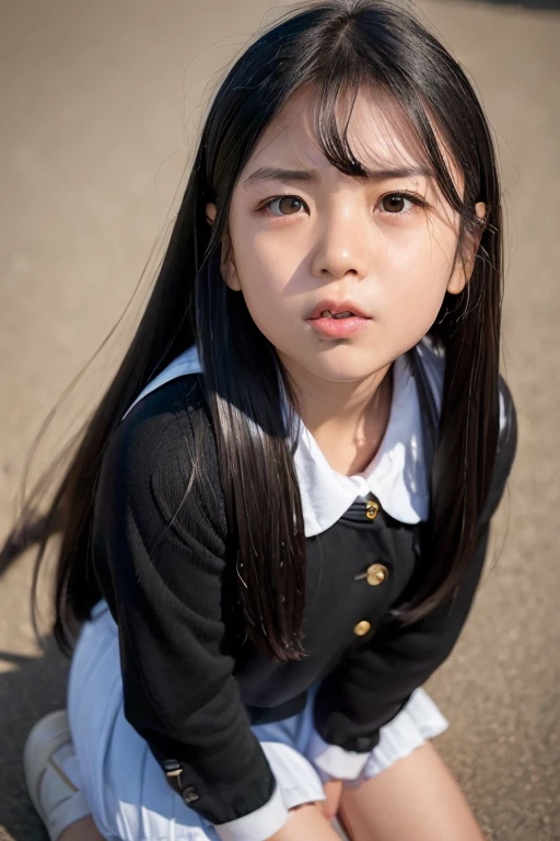 from above,(wariza:2),furious face,look up,10-year-old Elementary school girl with long black hair