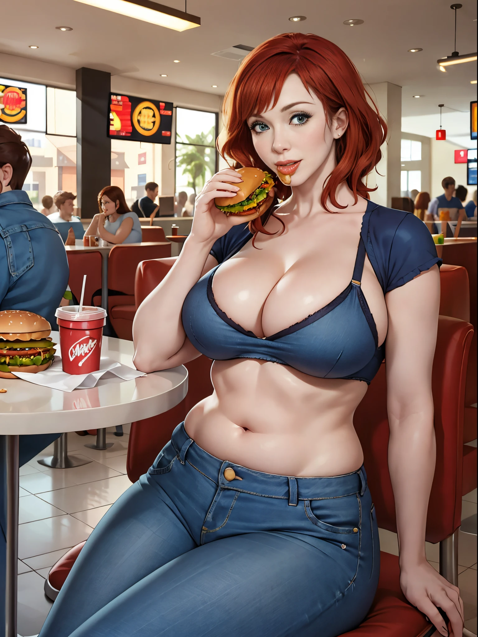 Christina Hendricks, realistic, masterpiece quality, wearing blue jeans, wearing white crop top, fat body, eating hamburgers, sitting at McDonalds, at busy McDonald’s restaurant,