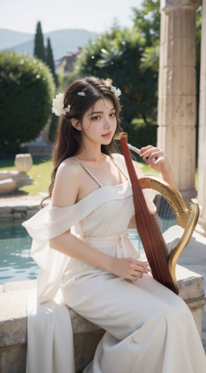 (top-quality、hight resolution、masterpiece)、((Watercolor in Sargent style))、(David Hamilton Style)、(softfocus)、ancient greek scene 、The world of Bilitis songs、(greek female bard)、20yr old、美丽的面容、Well-formed eyes and nose、Bewitching smile、Detailed depiction of the face、Classic hairstyles、dramatic pose、Beautiful figure、detail portrayal、(ancient greek clothes)、(White tunic)、greek toga、(play the harp and sing)、Accurate depiction of the Greek lyre、Cinematic scenes、ciinematic light、softlight、raytrace、luminous sky、greek architecture columns、greek pine、(nostalgia)、classic vibes、Blur the background、
