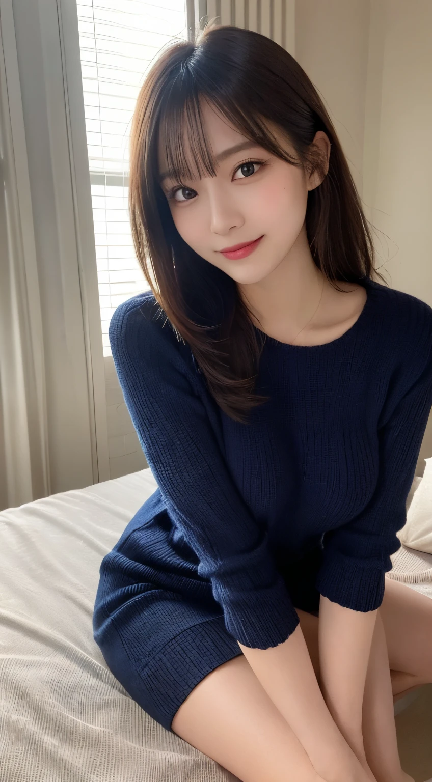 masutepiece, Best Quality, Illustration, Ultra-detailed, finely detail, hight resolution, 8K Wallpaper, Perfect dynamic composition, Beautiful detailed eyes, navy long sleeve knit dress,Straight hair,Small breasts natural color lip, Randomly sexy poses,Smile,Home、20 years girl、Cute、Sexy shot looking at camera,Perfect and beautiful face