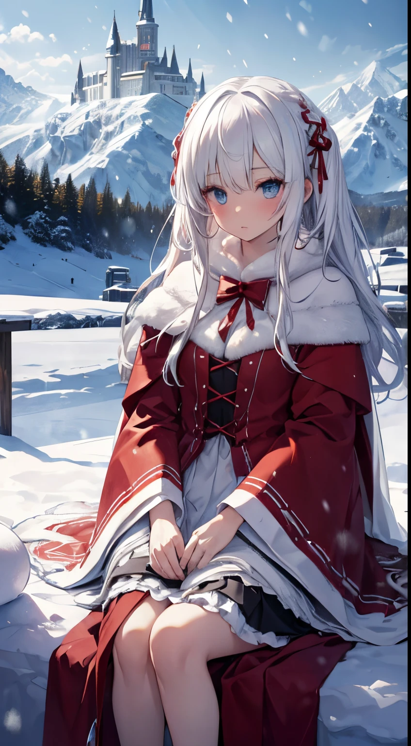 (8K, RAW photos, realistically:1.4), A high resolution, 1 Women, Alone,。.。.。.。.。.,sitted,(ta costume),Wear a flowing skirt, pretty eyes, White hair, eye socket, (sitted,redcloak,blanketed in a mantle of snow,Blizzarding:1.3),Ski slopes,Outside the castle,Correct anatomy,