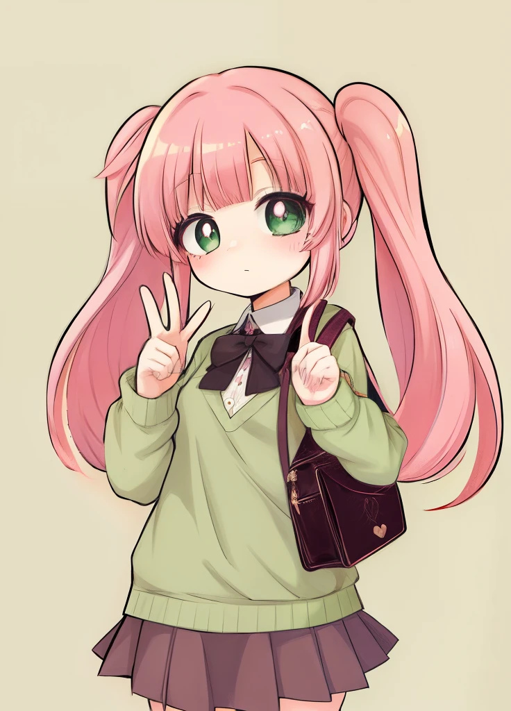 girl standing, brown skirt, green sweater, left hand holding cell phone to take a photo, right hand making a peace sign, long, straight, pink hair, v-shaped bangs, shading, full chalk draw, my little ponny aesthetic, fluttershy eyes