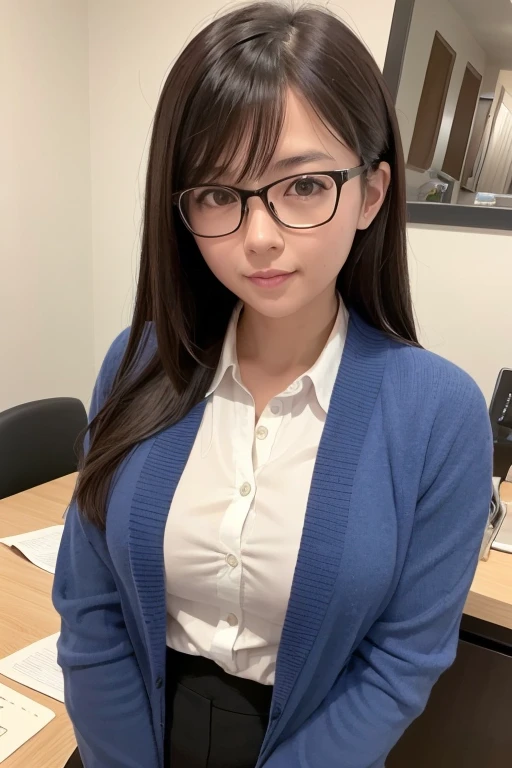 A photo of a girl in her late 30s who looks like a school teacher, is fully clothed, but looks sexy, wears glasses, and has a nice room.