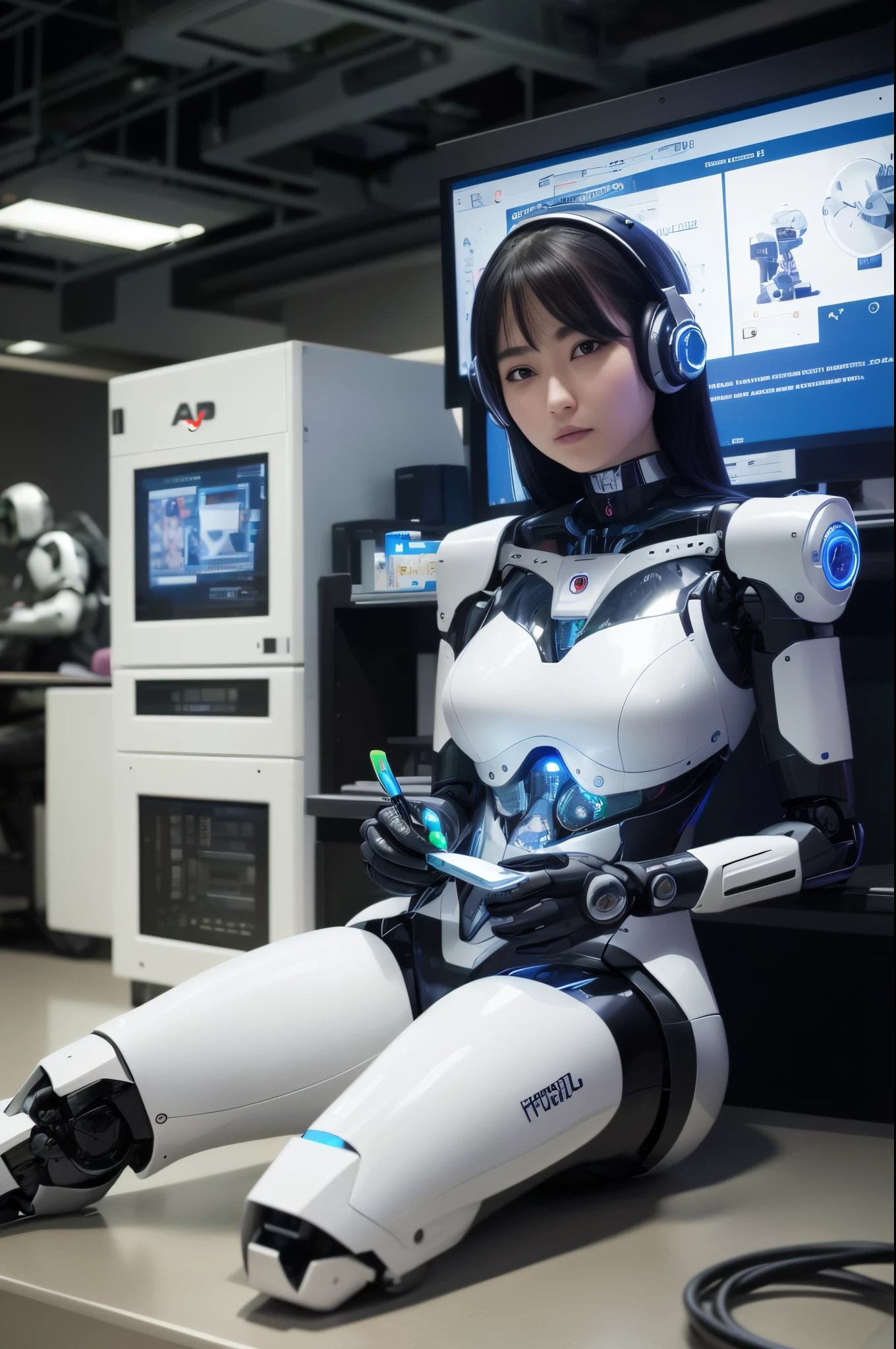 masterpiece, best quality, extremely detailed, Japaese android girl,Plump ,control panels,android,Droid,Mechanical Hand, Robot arms and legs,Blunt bangs,perfect robot girl,long tube,thick cable connected her neck,android,robot,humanoid,cyborg,japanese cyborg girl ,robot-assembly plant,She has assembled now,assembly scene,chest monitor,blue eyes