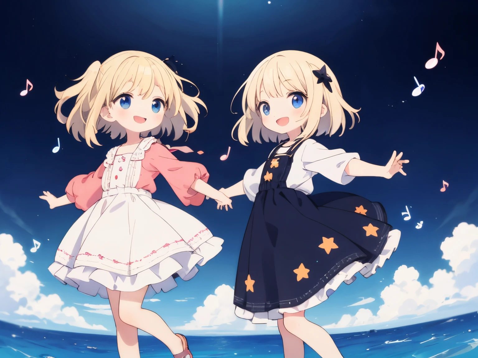 Best Quality, ultra-detailliert, Background with musical notes dancing in the sky, 2 children, Gamine2In person, platinum-blonde-hair, Floating hair,
A smiling child is peace, arcane, holography, from the front side, floating, prisma