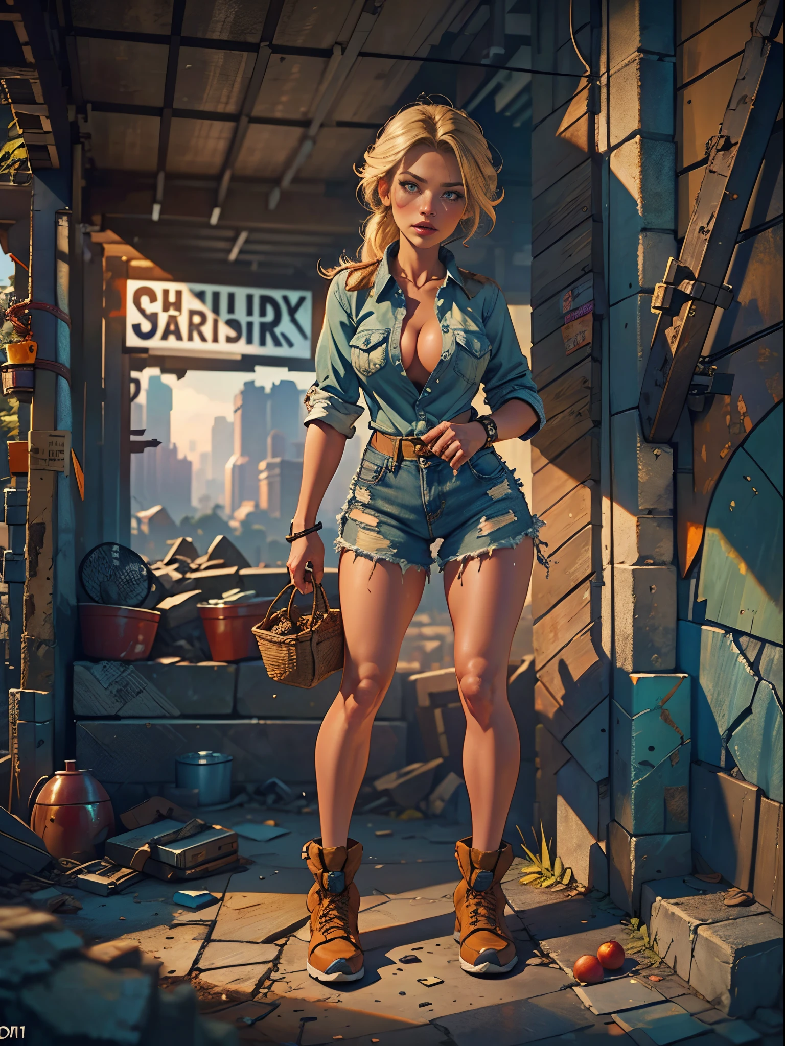 2076 year. The Urban Ruins of the Wasteland, Female huntress picking fruit in the garden, beautiful face, blonde, very torn shirt and denim shorts, shirt in tatters , long legs, sweating through, sun rising, Nice warm colors, head to toe full body shot