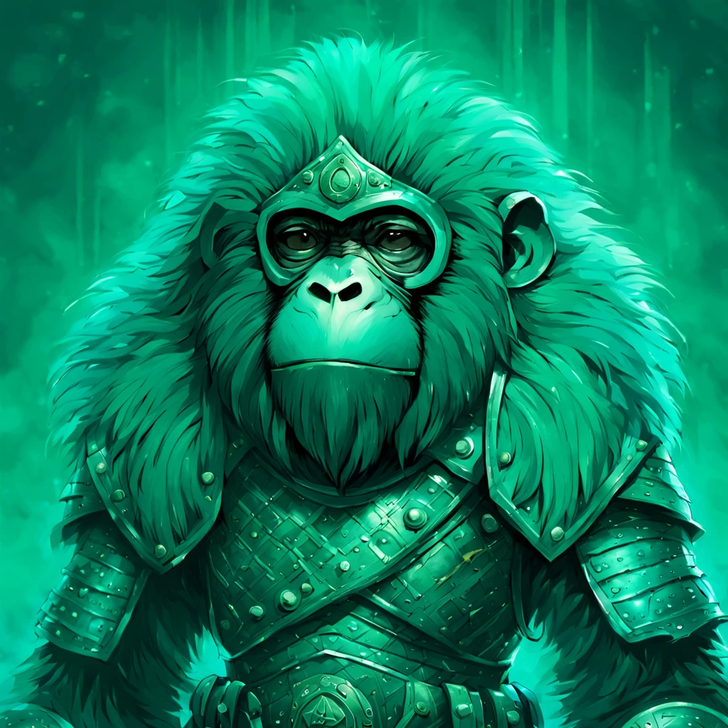 Saki Monkey with soft teal fur and dressed in sea-green mythril armor, Mythril, background dungeon, masterpiece, best quality, in dark comic art style