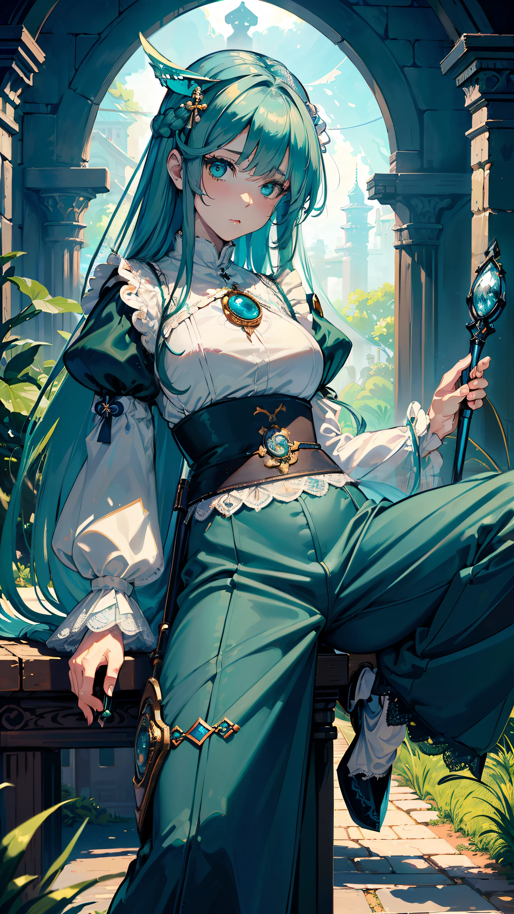 masterpiece, ultra detailed, 8k portrait, RAW photo, portrait photography, Highly detailed face, beautiful and meticulous eyes, ((Fantasy)), Young beautiful, (((Female priest))), (((((spread legs standing))))), (light blue long thin hair)), ahoge, (((asymmetrical bangs))), Gentle face, White skin, (((green and blue puffy sleeve lace shrine maiden outfit))) Fluttering in the wind, (((lowleg wide pants))), Leather boots, ((((equip a magic wand)))), Midday Sun, Hyper realistic, Body model, Small breasts, Beautiful breasts, Long legs, in the medieval adventurer's guild, Ambient lighting, Shadow details, Camera focus on face, strong breeze, Light fog