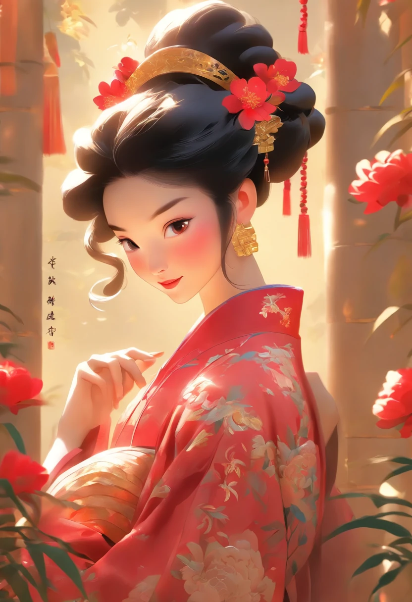 1girll,16 yaers old,Wearing a resplendent red top,It is embroidered with intricate golden dragon and phoenix embroidery,Symbolizes power and elegance,The dress is embellished with delicate floral patterns and sparkling sequins,The fabric flows gracefully with her movements,Long flowing black hair,Wearing traditional Chinese hairpins,Decorated with decorative ornaments and delicate silk flowers,Standing gracefully in the tranquil bamboo garden,In the background is the gentle rustling of leaves,A peaceful and peaceful atmosphere,Holding a delicate paper fan in hand,It's painted with blooming peonies,A gentle smile on the lips,In the background are traditional Chinese buildings and winding stone paths,a sense of cultural richness、Advancedsense,and eternal beauty,Warm color palette,Abstract screen,ultra-realistic realism,pixar-style,3d effect,Disney style,Clear contour light,rim-light,Fantastical,spotlight lights