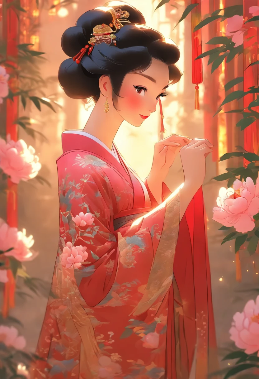 1girll,16 yaers old,Wearing a resplendent red top,It is embroidered with intricate golden dragon and phoenix embroidery,Symbolizes power and elegance,The dress is embellished with delicate floral patterns and sparkling sequins,The fabric flows gracefully with her movements,Long flowing black hair,Wearing traditional Chinese hairpins,Decorated with decorative ornaments and delicate silk flowers,Standing gracefully in the tranquil bamboo garden,In the background is the gentle rustling of leaves,A peaceful and peaceful atmosphere,Holding a delicate paper fan in hand,It's painted with blooming peonies,A gentle smile on the lips,In the background are traditional Chinese buildings and winding stone paths,a sense of cultural richness、Advancedsense,and eternal beauty,Warm color palette,Abstract screen,ultra-realistic realism,pixar-style,3d effect,Disney style,Clear contour light,rim-light,Fantastical,spotlight lights